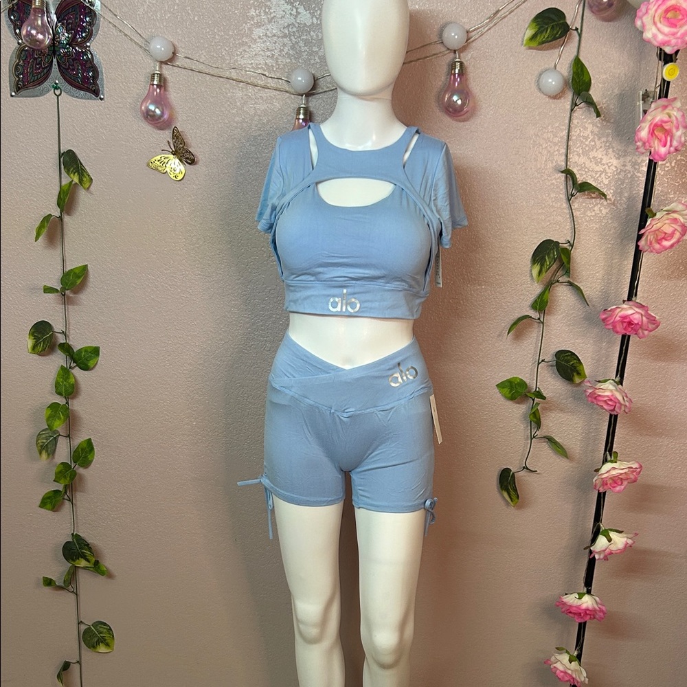 ALO Yoga Sky Blue Cutout Top and Shorts Set